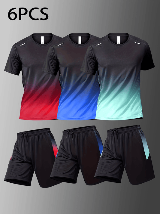 6-Piece Men's Basketball & Running Set – Gradient Tee & Quick-Dry Shorts