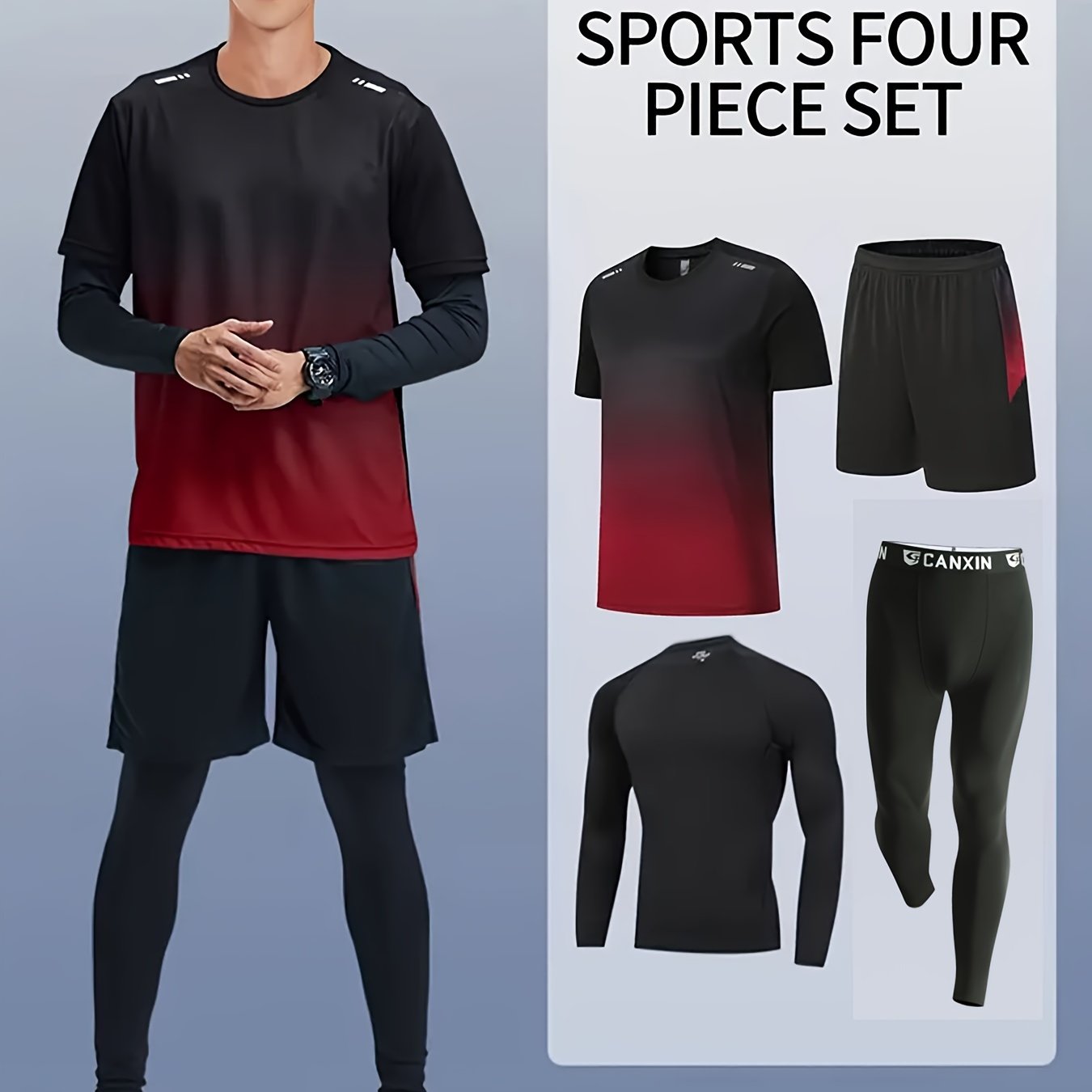 [Four-Piece Fitness Suit] Four-Piece Men's Fitness Suit - Loose Short-Sleeved Shorts, Elastic Quick-Drying Training - Outdoor Running, Cycling, Mountaineering, Casual Wear