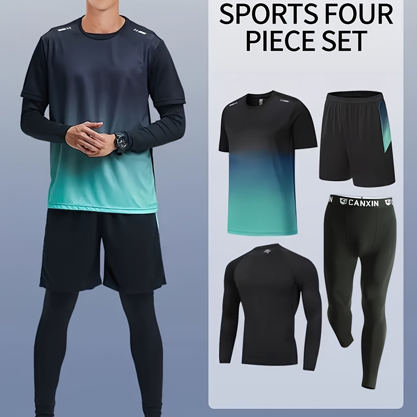 [Four-Piece Fitness Suit] Four-Piece Men's Fitness Suit - Loose Short-Sleeved Shorts, Elastic Quick-Drying Training - Outdoor Running, Cycling, Mountaineering, Casual Wear