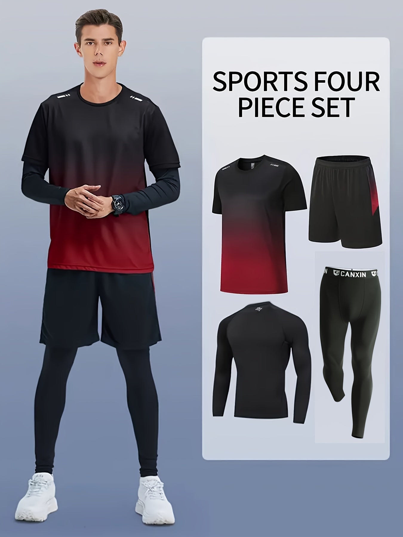 [Four-Piece Fitness Suit] Four-Piece Men's Fitness Suit - Loose Short-Sleeved Shorts, Elastic Quick-Drying Training - Outdoor Running, Cycling, Mountaineering, Casual Wear