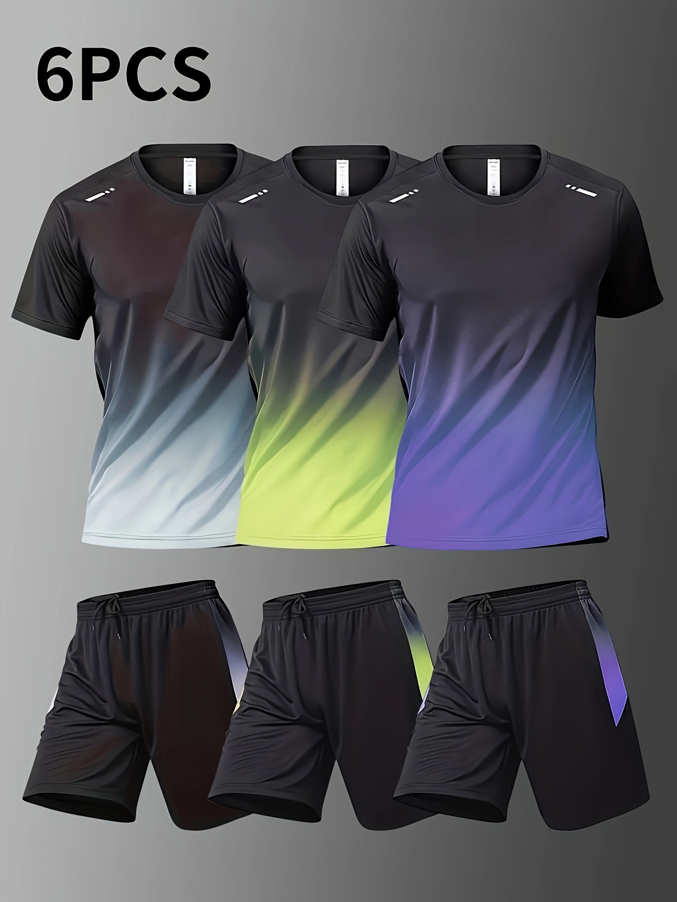 6-Piece Men's Basketball & Running Set – Gradient Tee & Quick-Dry Shorts