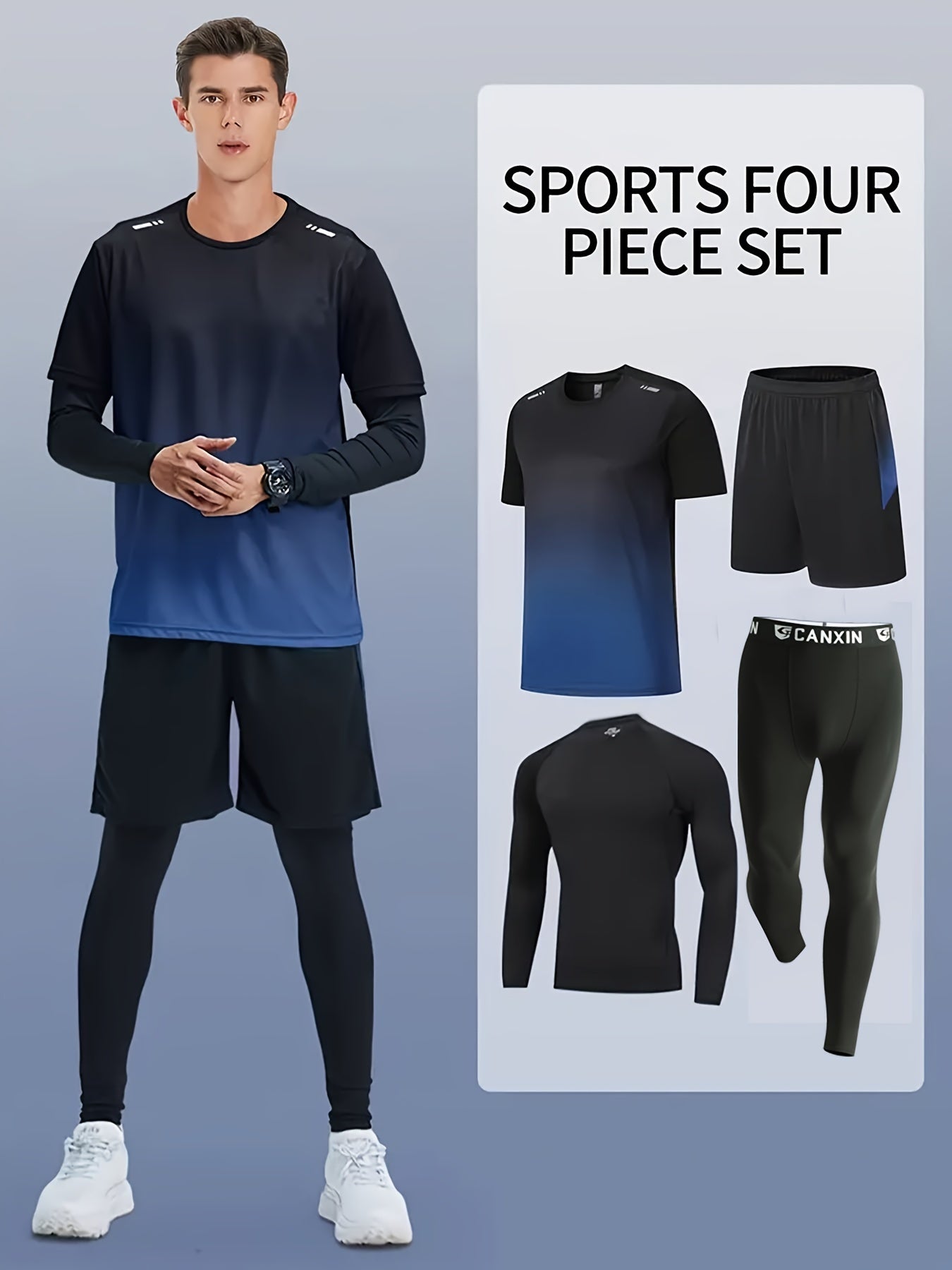 [Four-Piece Fitness Suit] Four-Piece Men's Fitness Suit - Loose Short-Sleeved Shorts, Elastic Quick-Drying Training - Outdoor Running, Cycling, Mountaineering, Casual Wear