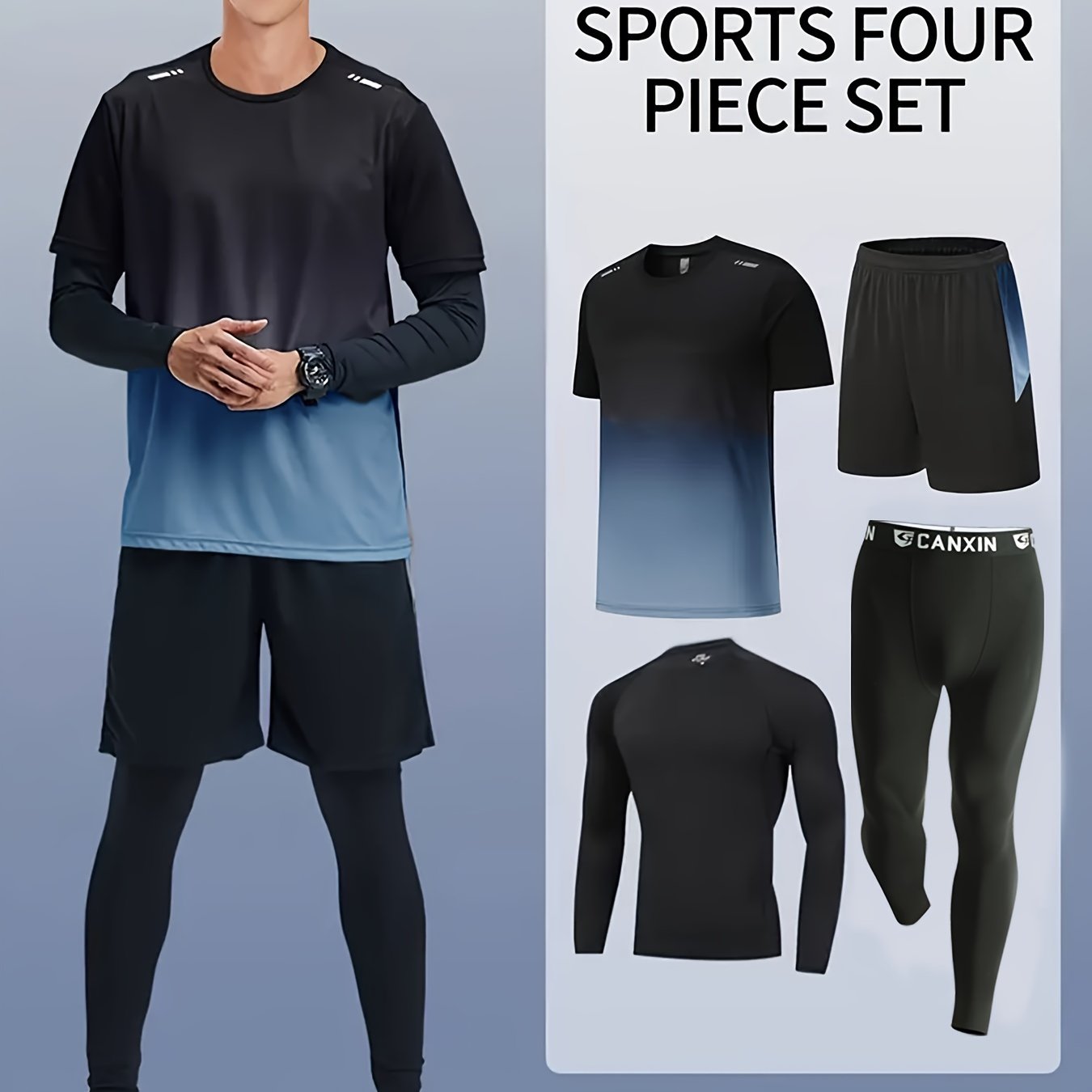 [Four-Piece Fitness Suit] Four-Piece Men's Fitness Suit - Loose Short-Sleeved Shorts, Elastic Quick-Drying Training - Outdoor Running, Cycling, Mountaineering, Casual Wear