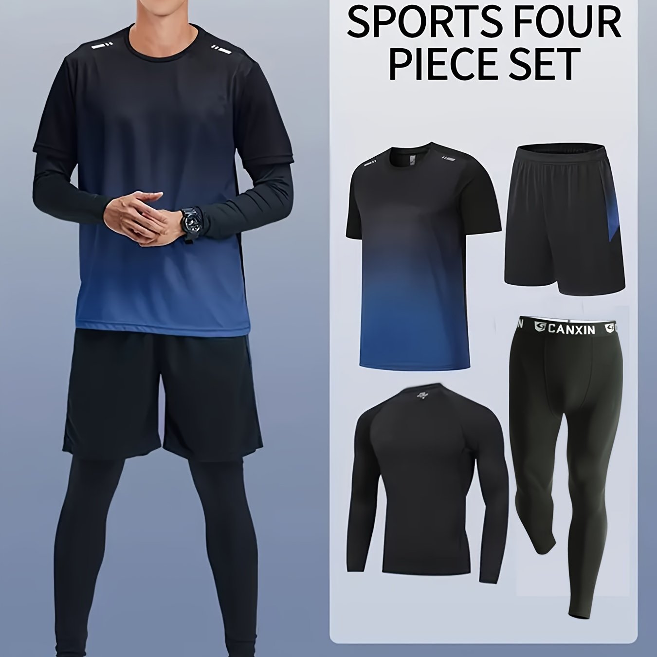 [Four-Piece Fitness Suit] Four-Piece Men's Fitness Suit - Loose Short-Sleeved Shorts, Elastic Quick-Drying Training - Outdoor Running, Cycling, Mountaineering, Casual Wear