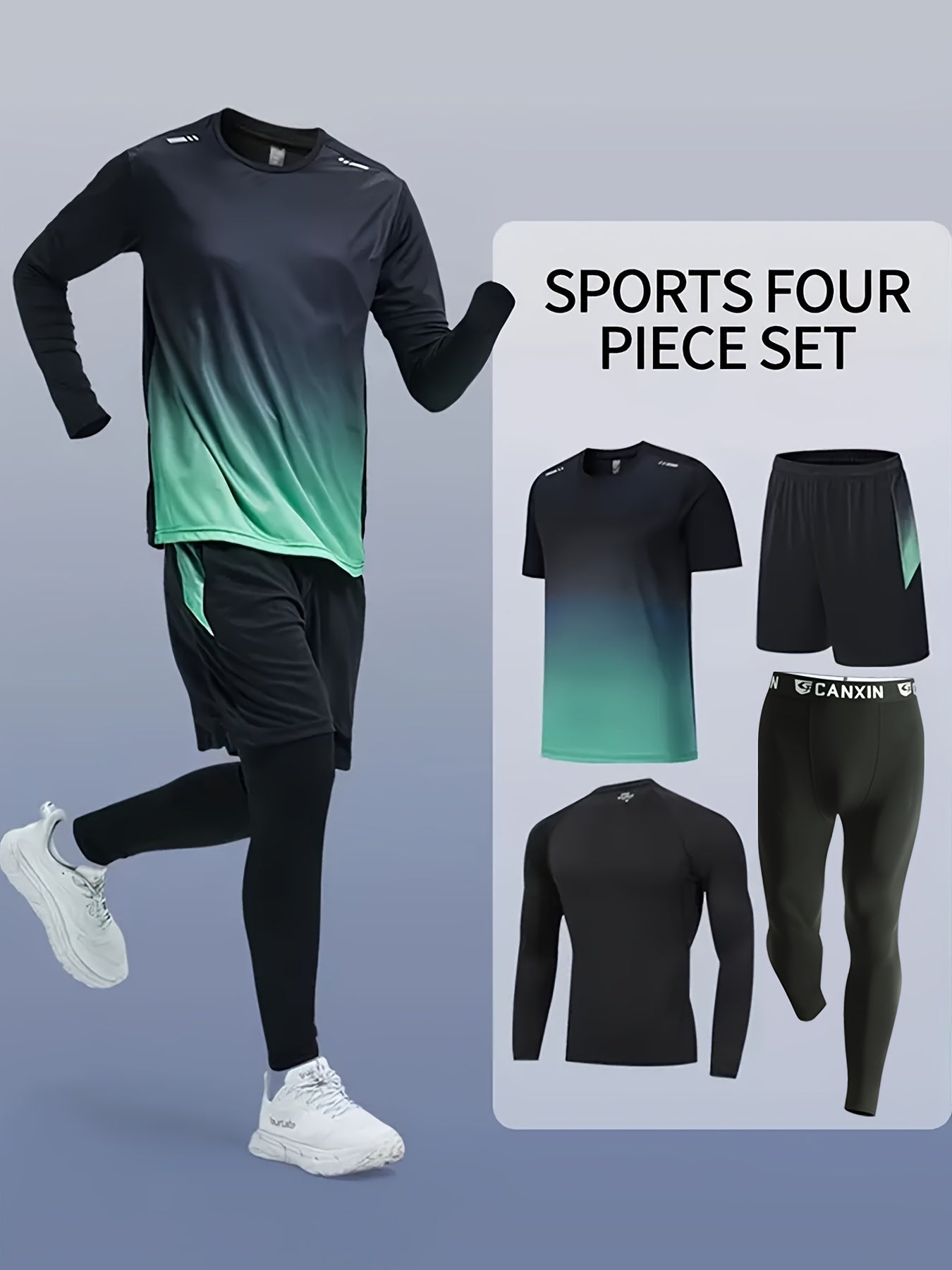 [Four-Piece Fitness Suit] Four-Piece Men's Fitness Suit - Loose Short-Sleeved Shorts, Elastic Quick-Drying Training - Outdoor Running, Cycling, Mountaineering, Casual Wear