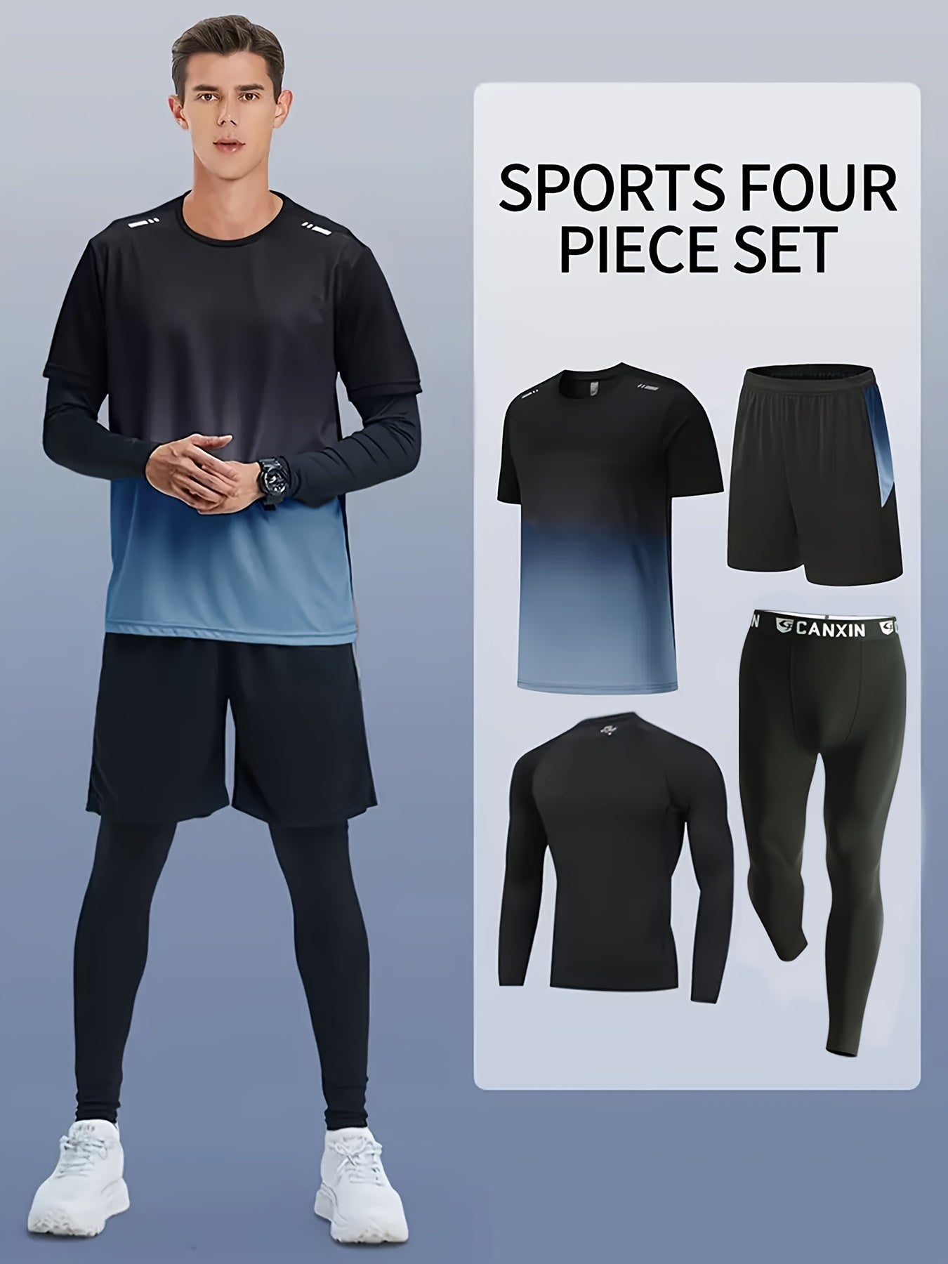 [Four-Piece Fitness Suit] Four-Piece Men's Fitness Suit - Loose Short-Sleeved Shorts, Elastic Quick-Drying Training - Outdoor Running, Cycling, Mountaineering, Casual Wear