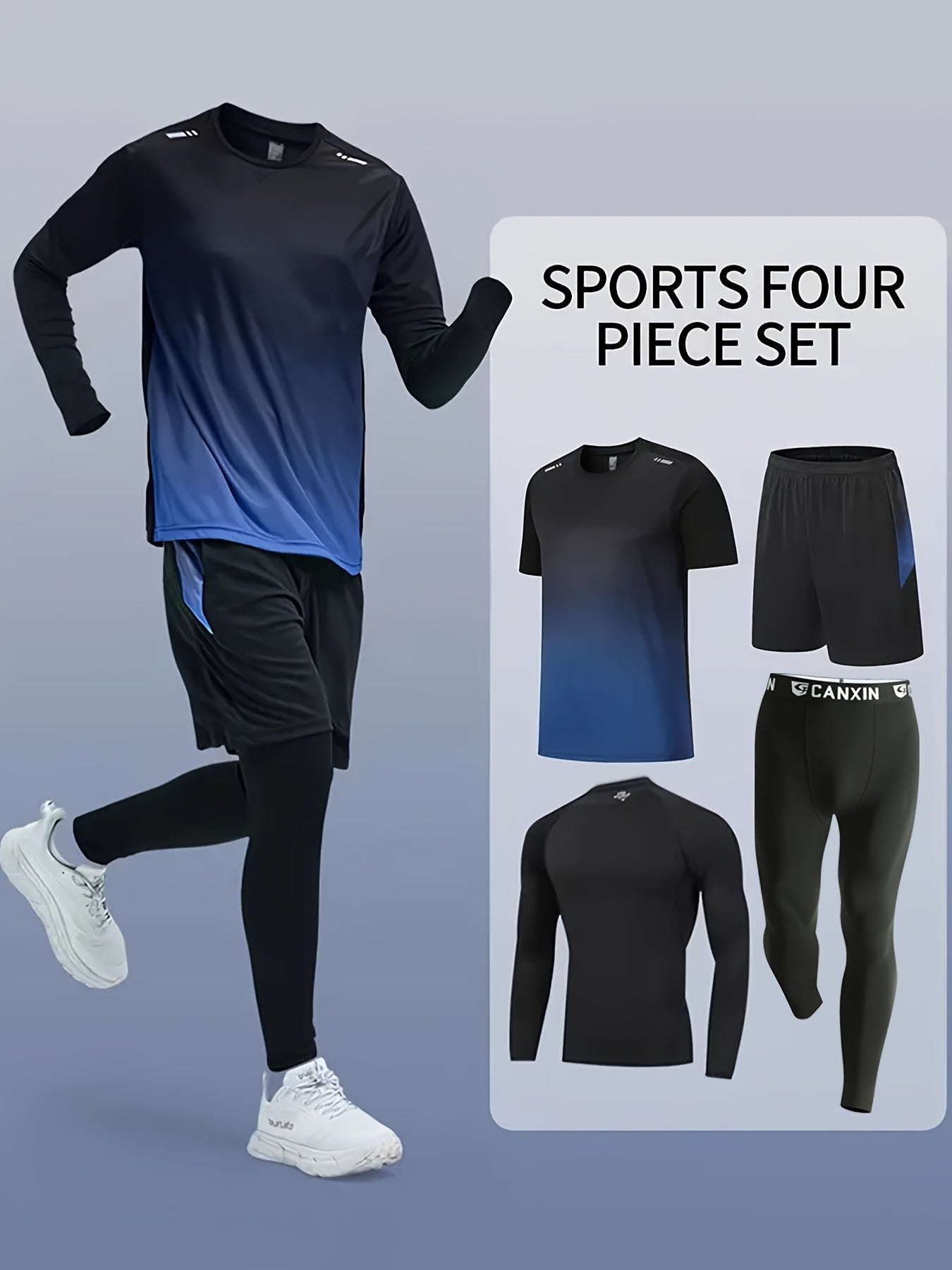 [Four-Piece Fitness Suit] Four-Piece Men's Fitness Suit - Loose Short-Sleeved Shorts, Elastic Quick-Drying Training - Outdoor Running, Cycling, Mountaineering, Casual Wear